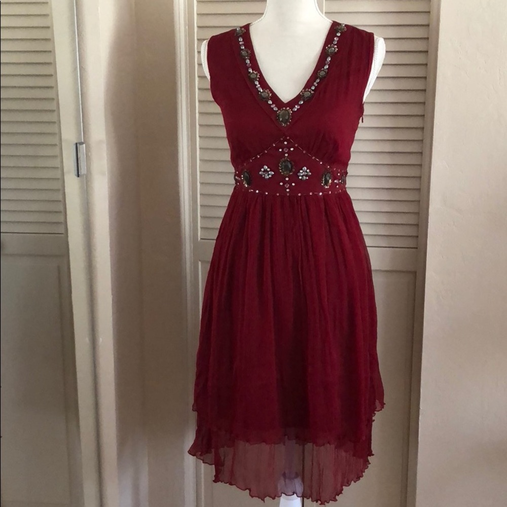 Embroidered wine red silk dress